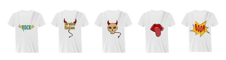 White tshirts with drawings set. Demon skull with red horns and tail red plump lips with protruding tongue yellow symbolism vector explosion.