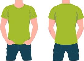 Man in green tshirt and blue jeans. Male character with front and back view stylishly dressed in trendy modern style. vector
