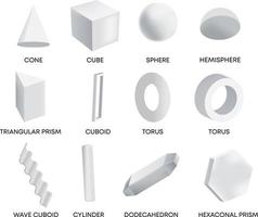 polígonos de formas geométricas. Cubo blanco con esfera y toroide cilíndrico triangular. vector