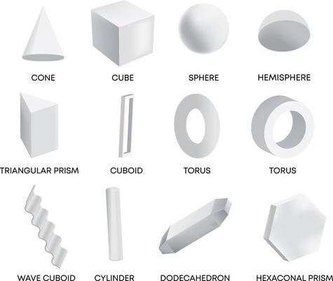 Geometric shapes polygons. White cube with sphere and cylinder torus triangular.