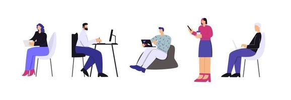 People working with modern digital device set vector flat illustration