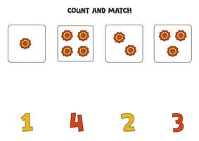 Counting game for kids. Count all flowers and match with numbers. Worksheet for children. vector