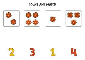 Counting game for kids. Count all flowers and match with numbers. Worksheet for children. vector