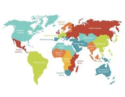 mapa mundial con territorios resaltados. continentes coloreados con divisiones geográficas globales. vector