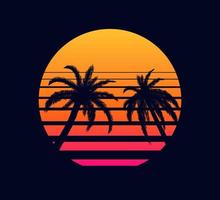 puesta de sol retro naranja rosa. rayos vespertinos poniéndose el sol dos palmeras contra el fondo de un diseño abstracto de ondas sintéticas electrónicas al estilo de 80 rejillas fantásticas de paisaje vectorial futurista. vector