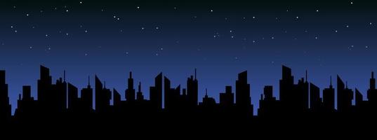 noche del paisaje de la ciudad. siluetas de contorno de rascacielos de metrópolis durmientes con cielo vectorial estrellado oscuro. vector