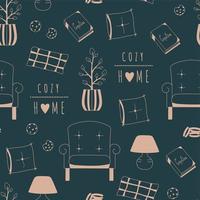 Cozy home seamless pattern. Hand drawn print with armchair, pillows, cookies, lamp. Interior items outline background vector