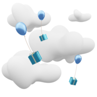 globos y cajas de regalo flotando en el cielo día nublado ilustración 3d png