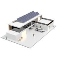 ladegerät elektroauto im gebäude hausdach und sonnenkollektoren smart home solar photovoltaik 3d illustration png