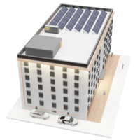 Mehrfamilienhausdach mit Sonnenkollektoren Ladegerät für Elektroautos im Gebäude Smart Home Solarhaus 3D-Darstellung png