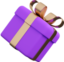 Realistic violet gift box with golden ribbon bow. Concept of abstract holiday, birthday or wedding present or surprise. 3d high quality isolated render png