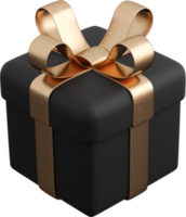 Realistic black gift box with golden ribbon bow. Concept of abstract holiday, birthday or wedding present or surprise. 3d high quality isolated render png