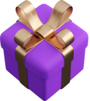 Realistic violet gift box with golden ribbon bow. Concept of abstract holiday, birthday or wedding present or surprise. 3d high quality isolated render png