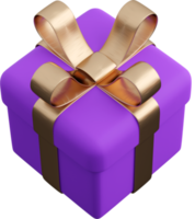 realistico viola regalo scatola con d'oro nastro arco. concetto di astratto vacanza, compleanno o nozze presente o sorpresa. 3d alto qualità isolato rendere png