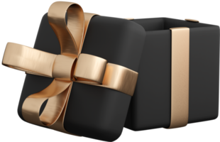 realistische schwarze offene geschenkbox mit goldener schleife. konzept des abstrakten feiertags-, geburtstags- oder hochzeitsgeschenks oder der überraschung. 3d hochwertiges isoliertes rendern png