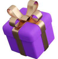 Realistic violet gift box with golden ribbon bow. Concept of abstract holiday, birthday or wedding present or surprise. 3d high quality isolated render png