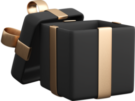 Realistic black open gift box with golden ribbon bow. Concept of abstract holiday, birthday or wedding present or surprise. 3d high quality isolated render png