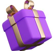 Realistic violet gift box with golden ribbon bow. Concept of abstract holiday, birthday or wedding present or surprise. 3d high quality isolated render png