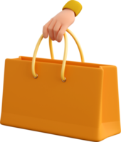 realistische Einkaufstasche aus orangefarbenem Papier mit menschlicher Hand. konzept von schwarzem freitag oder halloween und herbstverkäufen, geschenk oder überraschung. 3d hochwertiges isoliertes rendern png