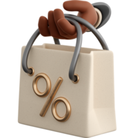 Realistic white paper shopping bag with percent symbol and holding human hand. Concept of Black Friday or Christmas and autumn sales, present or surprise. 3d high quality render png