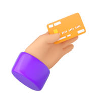 3D mão humana segurando o cartão de crédito laranja do banco. pagamento on-line, banco móvel, transação e conceito de compras. renderização isolada de alta qualidade png