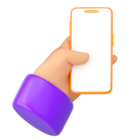 3D cartoon mão humana segurar smartphone. usando o conceito de telefone. renderização 3d realista de alta qualidade isolada no fundo branco