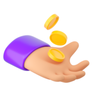 3D mão humana segurando moedas de ouro amarelo caindo. pagamento on-line, banco móvel, transação e conceito de compras. renderização isolada de alta qualidade png