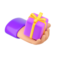 mão humana segurando a caixa de presente. entrega, compras, vendas, conceito de presente ou surpresa. renderização 3d realista de alta qualidade isolada png