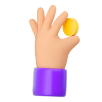 3d mano humana sosteniendo una moneda de oro amarillo. concepto de pago en línea, banca móvil, transacciones y compras. renderizado aislado de alta calidad png