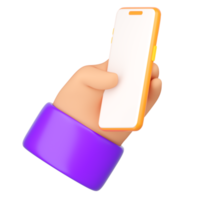Teléfono inteligente de mano humana de dibujos animados en 3d. utilizando el concepto de teléfono. renderizado 3d realista de alta calidad aislado sobre fondo blanco png