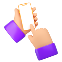 Menschliche Hände der Karikatur 3d, die Smartphone halten und benutzen. Telefonkonzept verwenden. realistische 3D-Rendering in hoher Qualität isoliert auf weißem Hintergrund png
