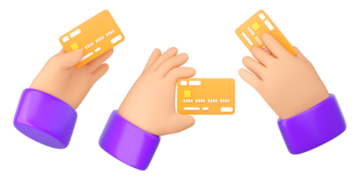 3d Human hands holding bank orange credit cards set. Online payment, mobile bankind, transaction and shopping concept. High quality isolated render png