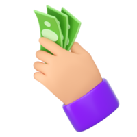 3d manos humanas sosteniendo billetes verdes. pago en línea, banca móvil, transacción, ahorro de dinero y concepto de compra. renderizado aislado de alta calidad png