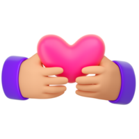 mains humaines tenant un coeur rose. amour, comme, romantique, paix, donateur ou concept de don. icône pour les médias sociaux. rendu 3d réaliste de haute qualité isolé png