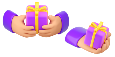 manos humanas con juego de caja de regalo. concepto de entrega, compras, ventas, presente o sorpresa. renderizado 3d realista de alta calidad aislado png