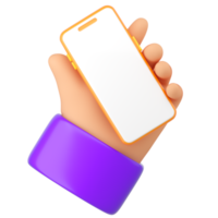 main humaine de dessin animé 3d tenir le smartphone. en utilisant le concept de téléphone. rendu 3d réaliste de haute qualité isolé sur fond blanc png