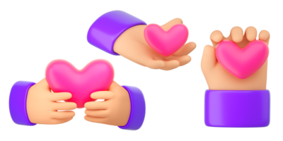 mano humana con corazón rosa. amor, como, romántico, paz, donante o concepto de donación. icono de las redes sociales. renderizado 3d realista de alta calidad aislado png