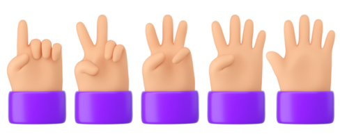 3d Human fingers count. One, two, three, four, five. Numbers, counting, waiting, mathematic concept. High quality isolated render png