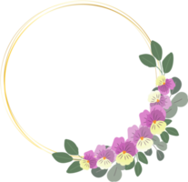 blooming viola or pansy flower wreath with golden frame flat style png