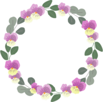 blooming viola or pansy flower wreath with golden frame flat style png