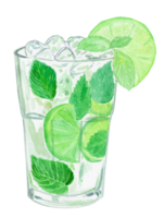 Copa de cóctel de mojito verde dibujada a mano con acuarela con menta, lima y hielo aislado en fondo blanco. bebidas alcohólicas en el menú del bar png