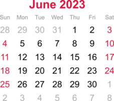 June calendar of 2023 on transparency background png