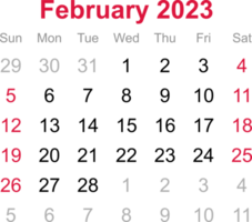 calendario de febrero de 2023 sobre fondo de transparencia png