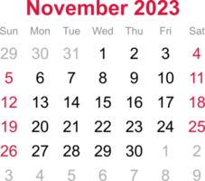 November calendar of 2023 on transparency background png