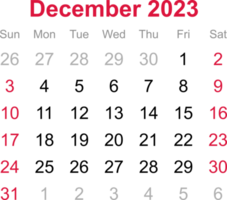 December calendar of 2023 on transparency background png