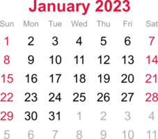 januarkalender 2023 auf transparentem hintergrund png