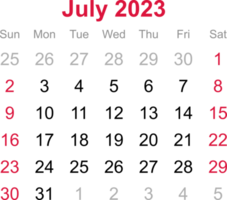 July calendar of 2023 on transparency background png