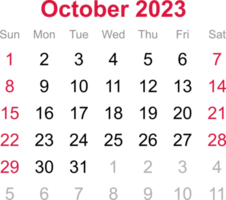 October calendar of 2023 on transparency background png