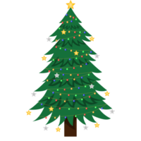 Christmas trees cartoon on tranparent background. New Years and xmas traditional symbol tree with garlands, light bulb, star. Winter holiday. png