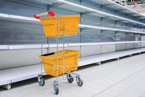 Shopping trolley with against empty shelves in grocery store photo